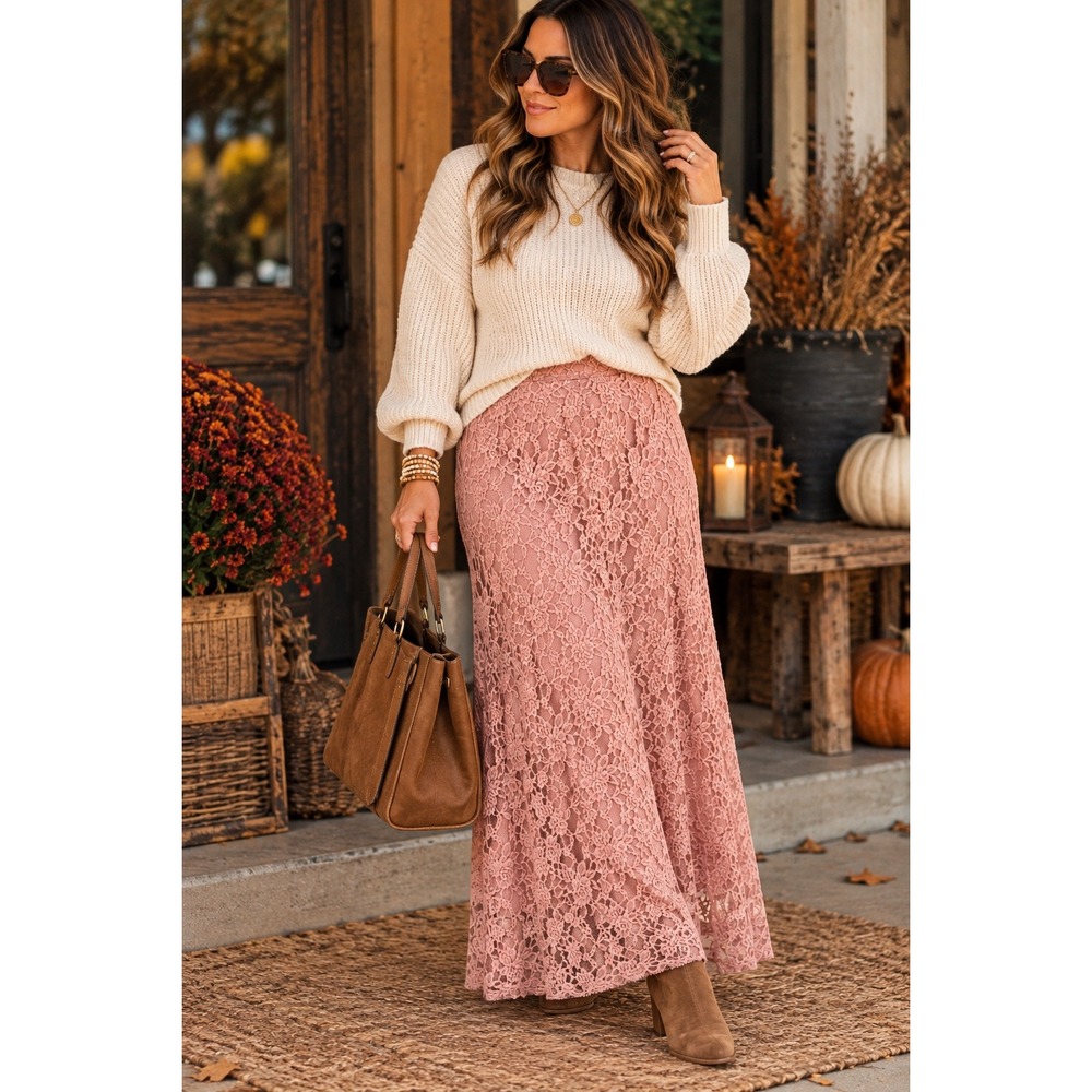 Pink Floral Lace Maxi Skirt High Waisted Boho Romantic Style XL Weddings Parrty
